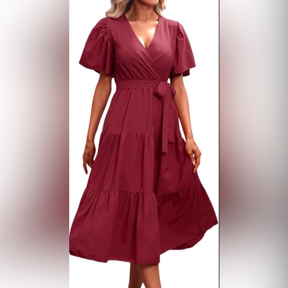 5/$10 - Elegant Burgundy Tiered Flutter Sleeve Dress - Picture 2 of 7